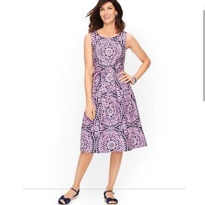 Talbots Fit & Flare Purple Medallion Button Front Cotton Dress Women’s 2